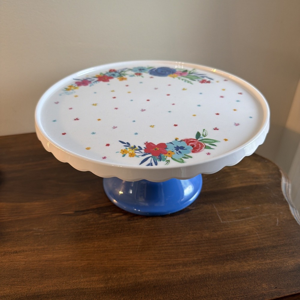 The Pioneer Woman Floral Scalloped Cake Stand w/ Blue Base, Holidays Birthdays